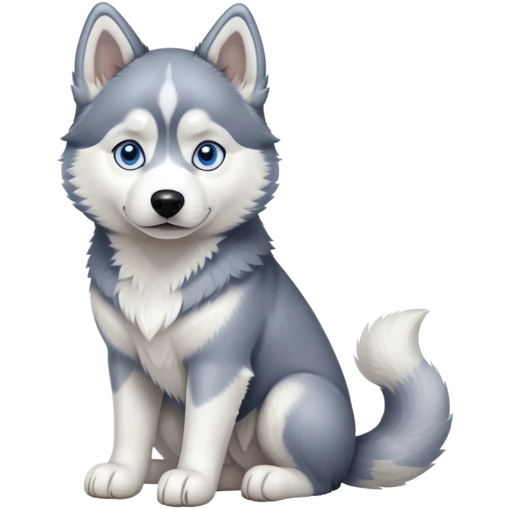 cinematic-[siberian husky]-realistic-full-body-sitting-emoji,-tail-resting-loosely-beside-its-paws,blue eyes-head-tilted-dramatically, -fluffy-[grey and white]-fur,-simplified-yet-realistic-focused-features,-highly-detailed,-glowing-with-an-almost-sarcastic-glow emoji