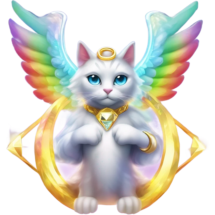 Omega ultra cosmic galactic hyperverseal alpha Transcendent Heavenly Rainbow 4d Diamond ultra mega surpream beyond Omni-Cat God with wings and a ring around its body and another ring above it’s head full body emoji