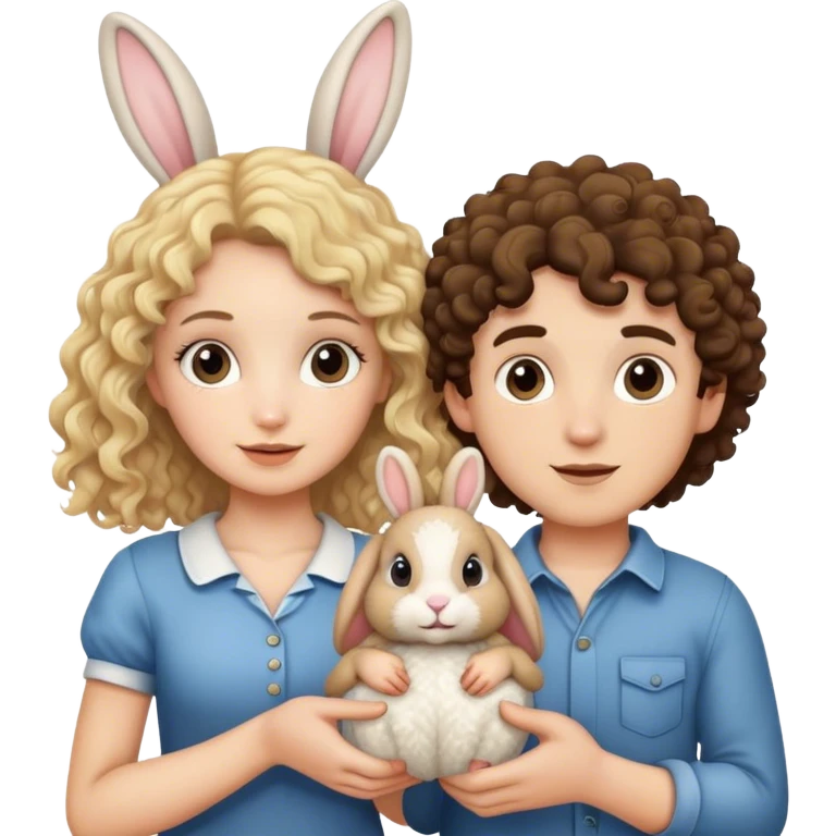 blonde curly girl and brunette curly boy with a bunny  emoji