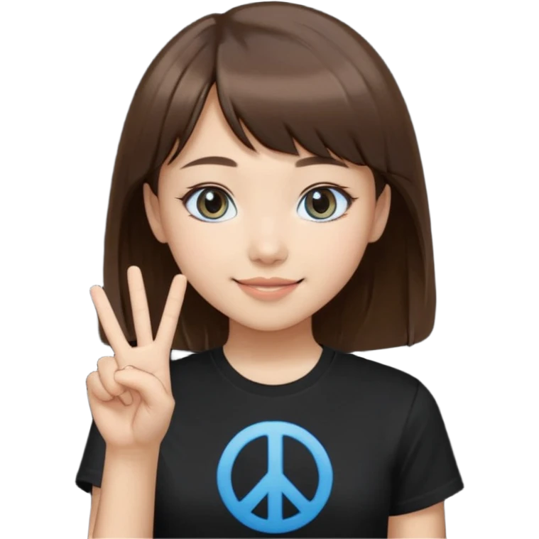 a girl with narrow Asian blue eyes, brown hair, and a small bang below her shoulders, wearing a black T-shirt, with a peace sign emoji