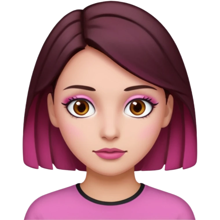 Woman with pink all skin, white background, dark brown hair and hazel eyes and brown eyebrows emoji