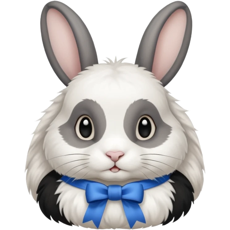 a white and black realistic domestic rabbit with a blue ribbon on its neck emoji