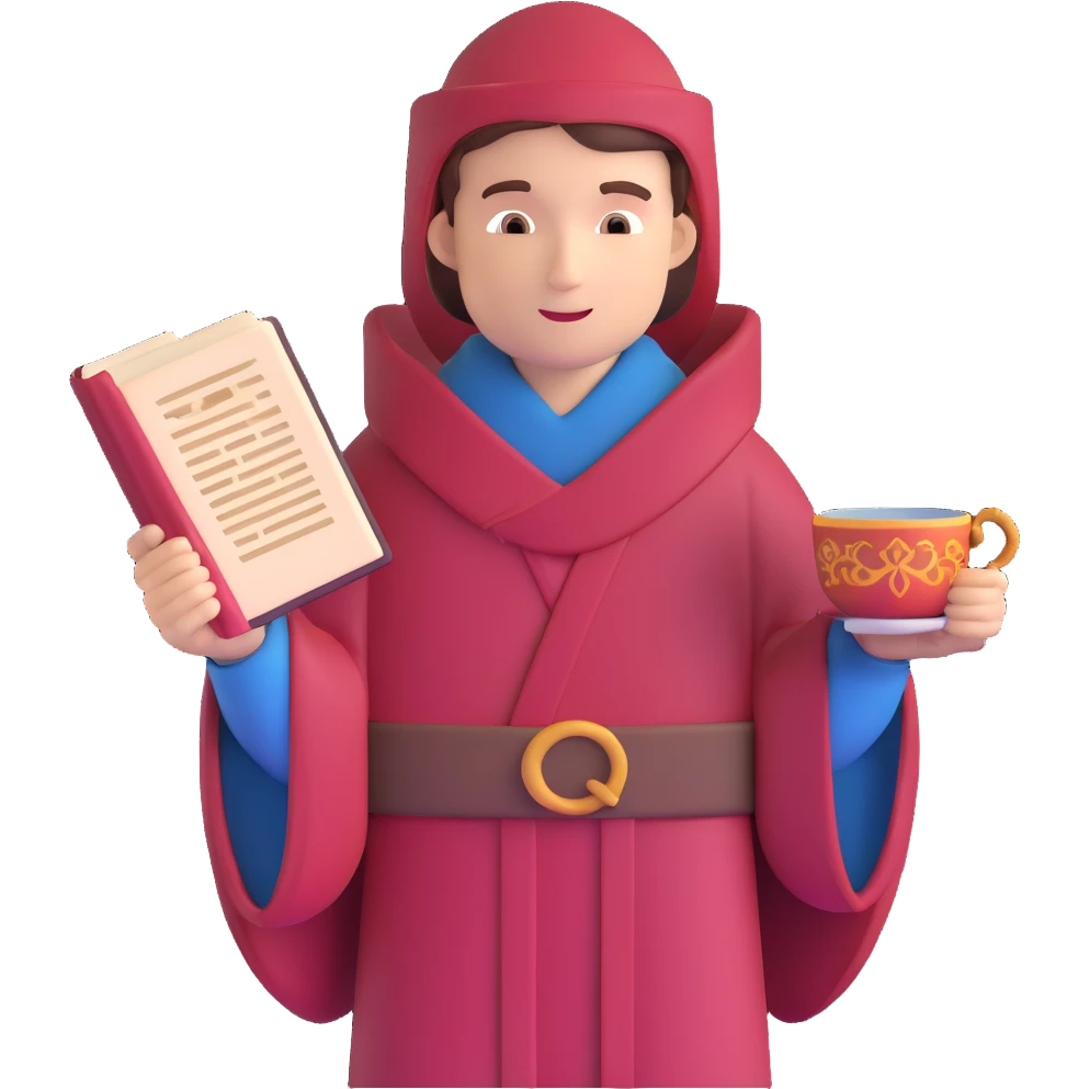 person with book and teacup, Chaucer in medieval robe behind, simple background emoji