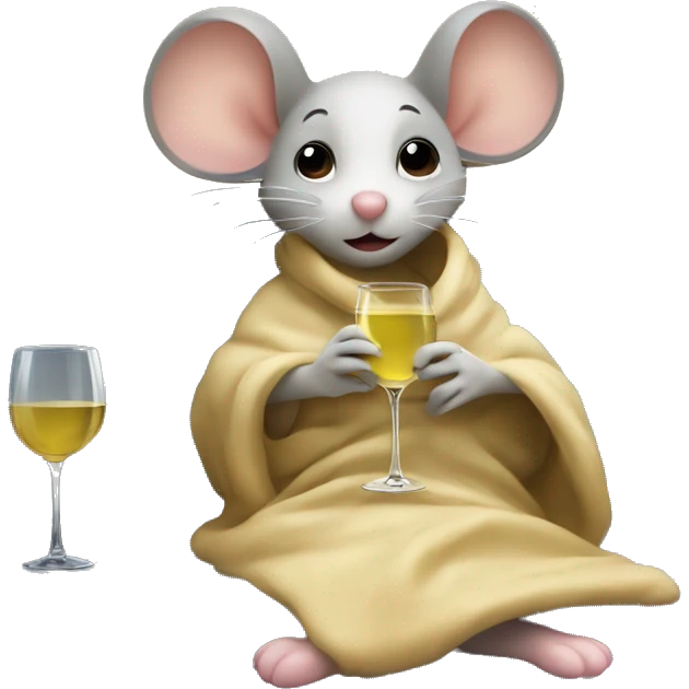 A cute girl mouse sitting in a sofa underneath a blanket holding a glass of white wine. The mouse in front of the tv watching netflix emoji