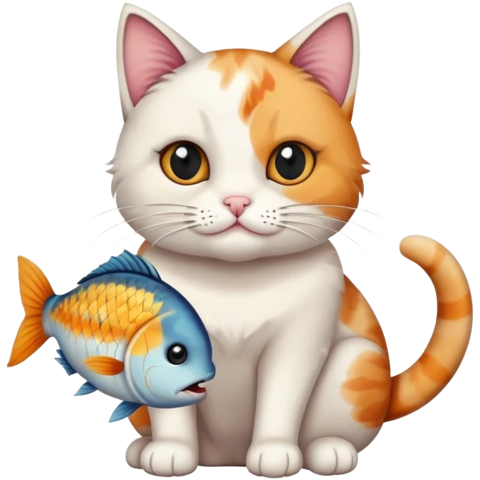 cat full body sitting with black eyes with a fish in its mouth emoji