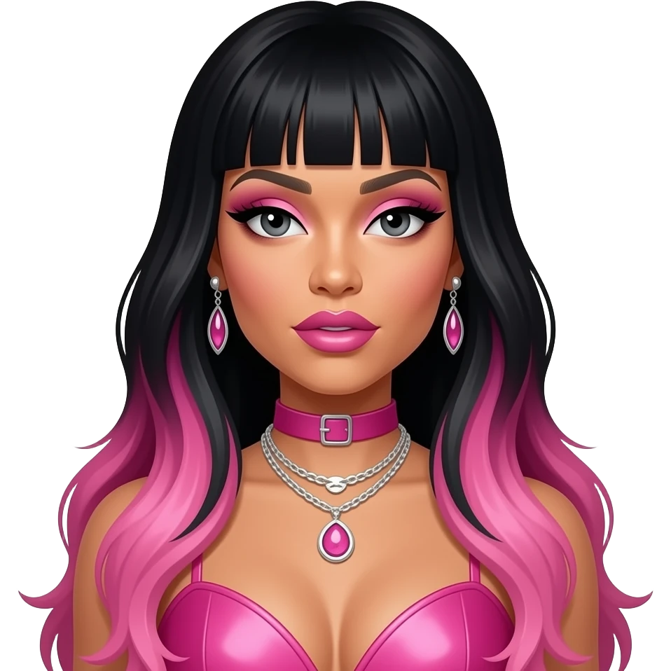 Nicki Minaj with dark grey eyes, long black hair with pink ombre, pink eyeshadow, hot pink lipstick, hot pink r&b idol outfit, necklace and earrings emoji