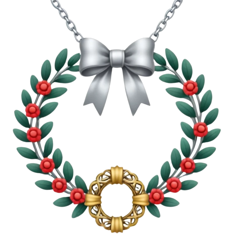 A silver necklace with a wreath shaped pendant and a bow at the top emoji