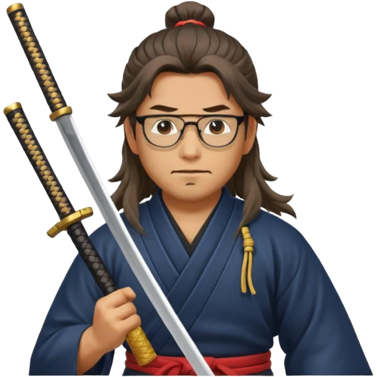 Long Haired Samurai with Glasses, Warrior with glasses cleaning katana emoji