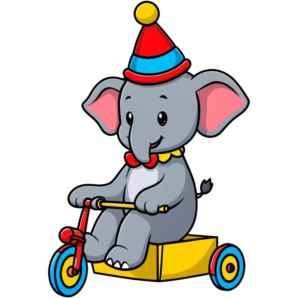 Comical gray elephant wearing a clown hat riding a small colorful tricycle emoji