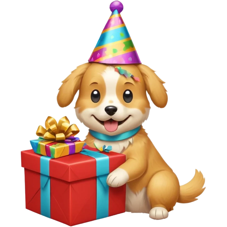 happy dog with a party hat tearing open a gift box emoji