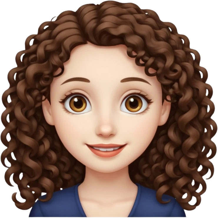 Light brown eyed female with pale skin. She has big eyes, curly and long dark brown hair and thin lips smiling. emoji