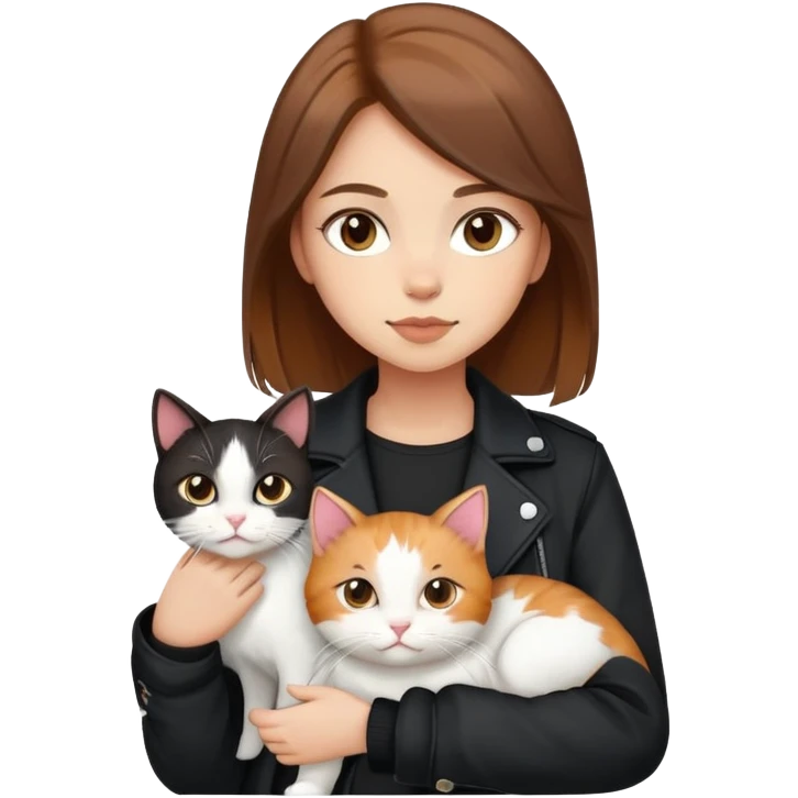 Light-skinned girl with brown hair wearing black jacket with white cat and calico cat emoji