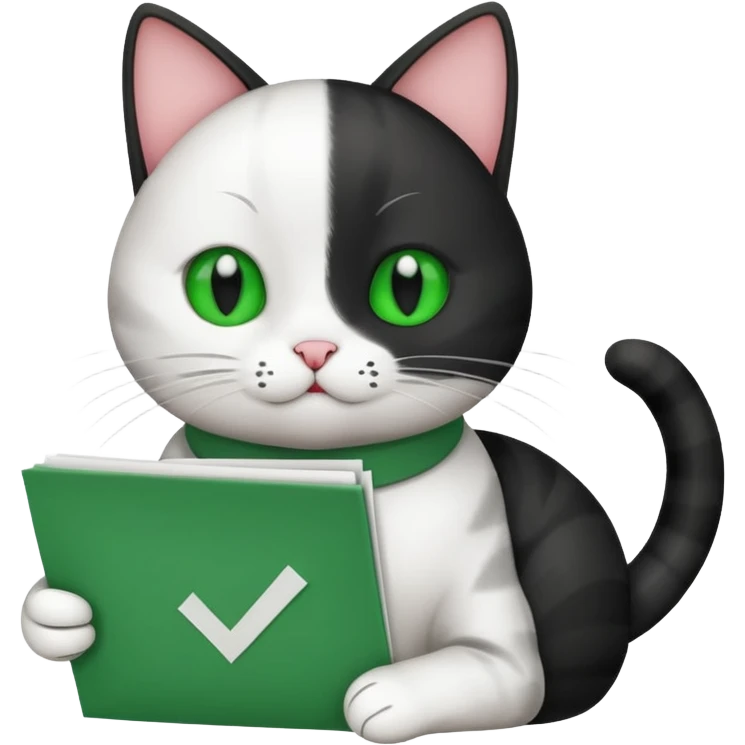 A black and white Cat holding a list with a green check mark symbolizing a task is done. emoji