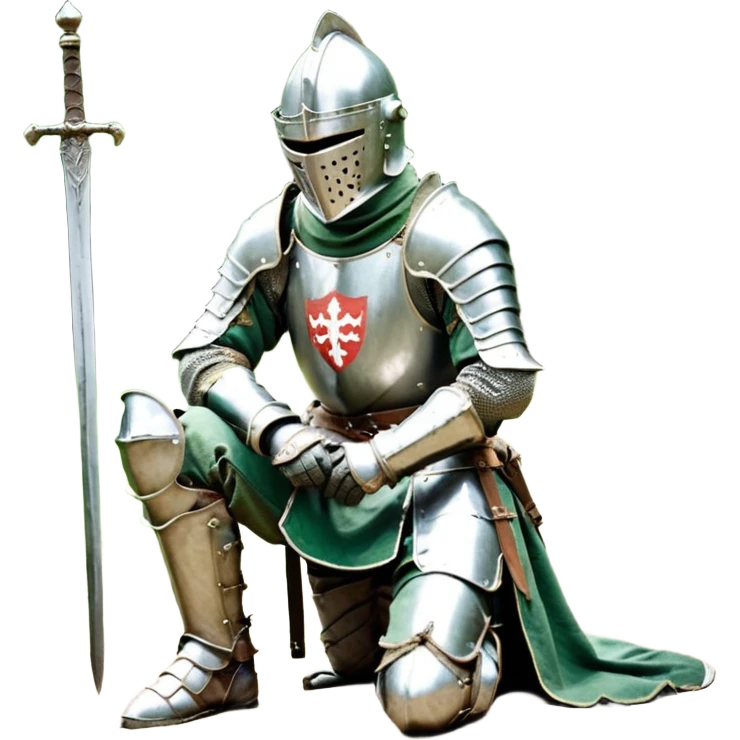 A lone medieval knight in a green worn armor kneels. His helmet is closed, hiding his face, conveying silence, exhaustion and contemplation. A long sword is planted in the ground beside him, its hilt resting near his gloved hands as if he is praying or resting after battle. emoji