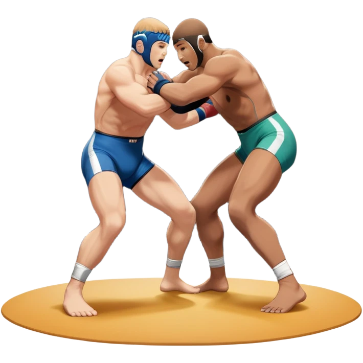An icon featuring two wrestlers engaged in a fierce bout of freestyle wrestling. One wrestler is performing a lift, while the other tries to counter with a defensive move. The background showcases a wrestling mat with bright spotlights and a dynamic atmosphere. Transparent background emoji