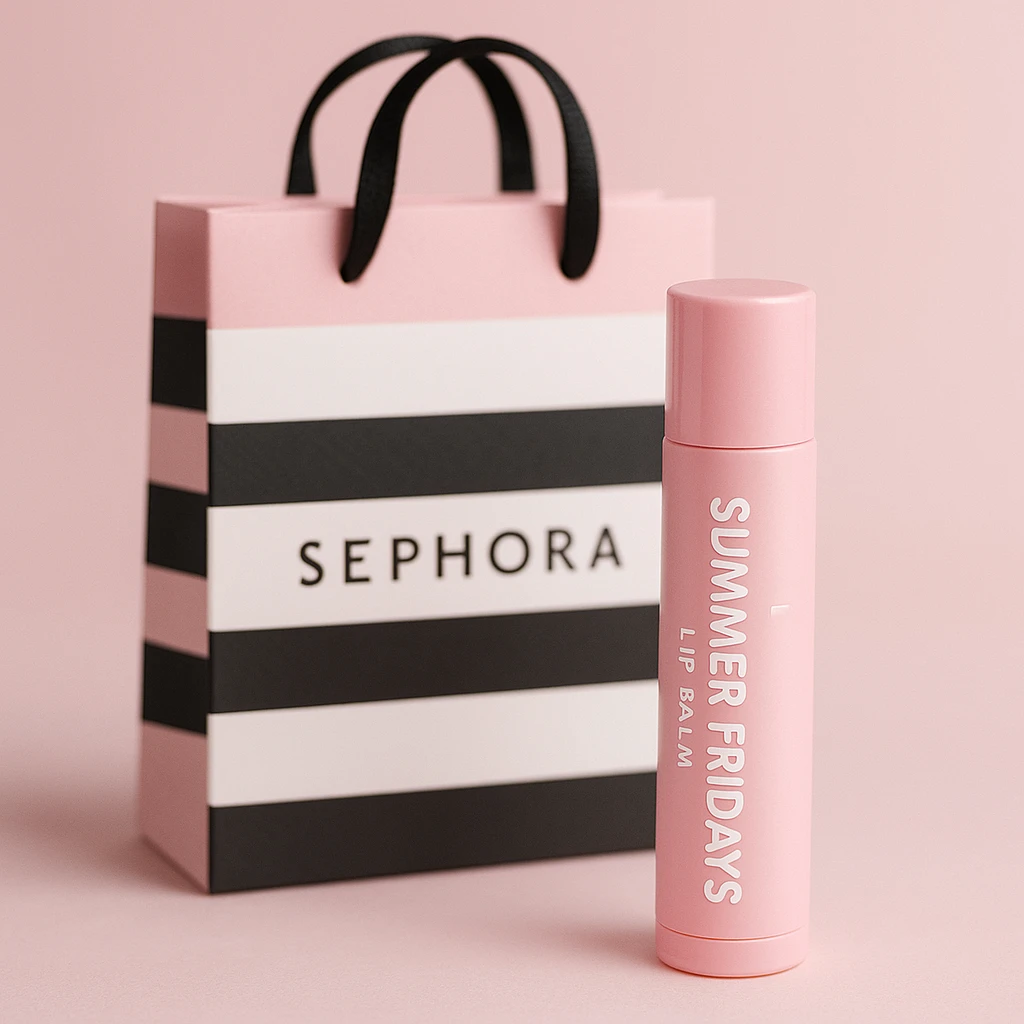 A pink preppy lip balm with a cute Summer Fridays logo, styled as a trendy product from Sephora, with a Sephora shopping bag in the background, soft pastel colors, girly and chic vibe emoji