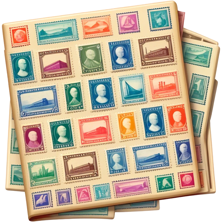 Icon for Stamp Collecting: a large stamp block in the middle and a collection of vintage and colorful stamps arranged around in an album or on a desk, with showcasing different themes. The icon should reflect the charm and history of philately. Transparent background. emoji