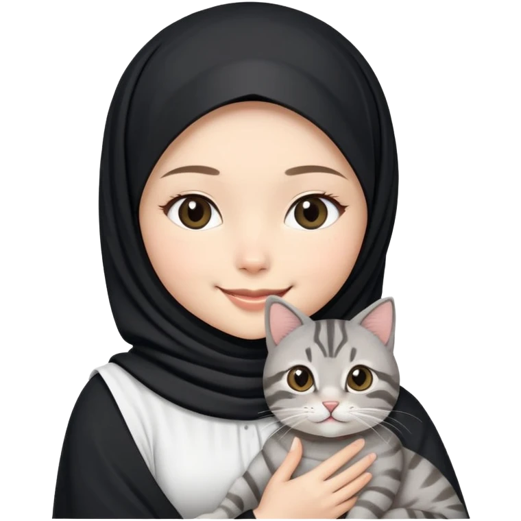 Asian White girl wearing black hijab and white dress holding a black grey tabby cat while smiling.  emoji