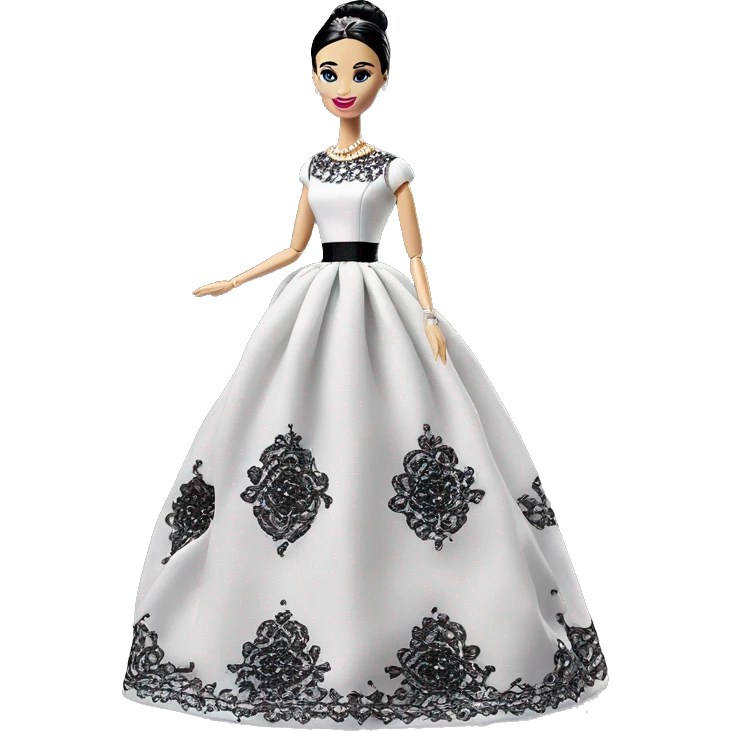Audrey Hepburn Barbie. Wednesday Addams. Show full body. Embroidered long gown with accessories  emoji