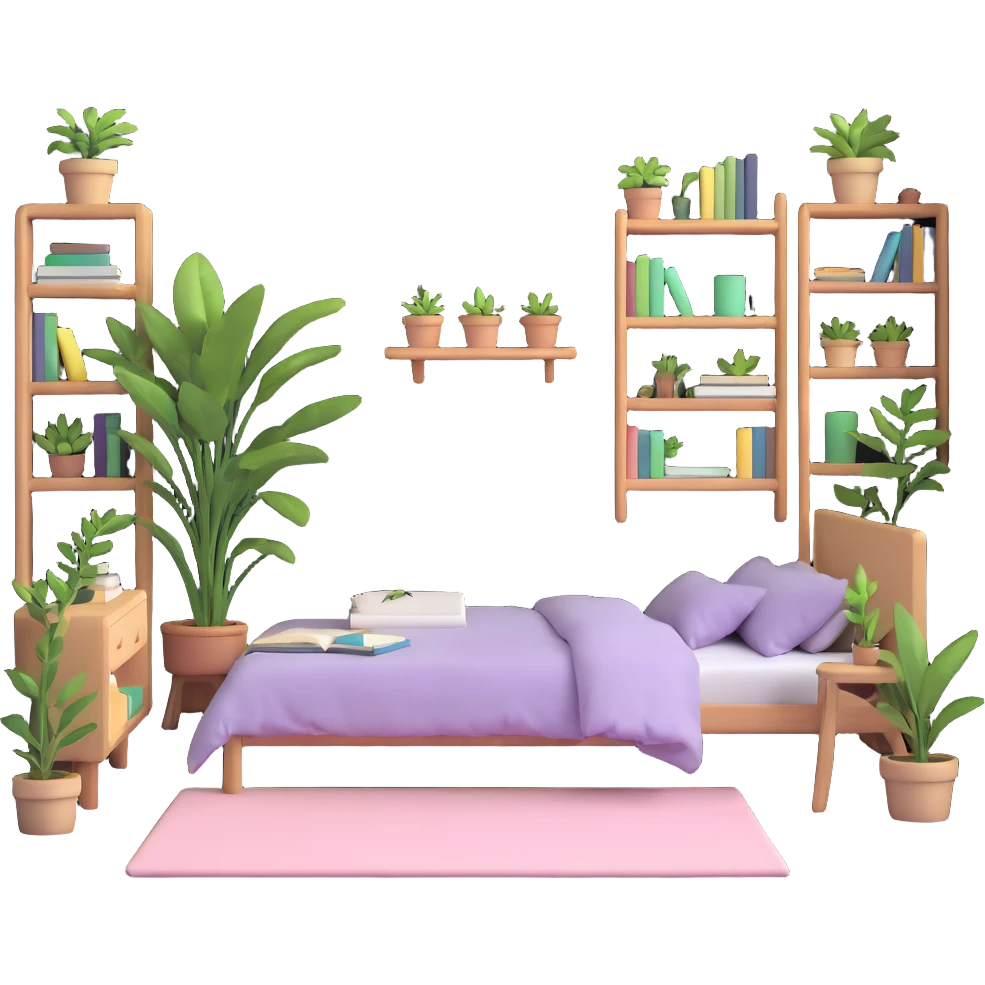 aesthetic bedroom with soft colors, plants, bookshelves, and study area emoji