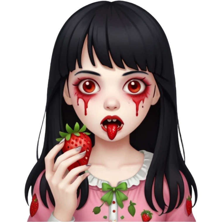 Girly girl, zombie, black hair, bang, cabelo longo e um comendo um morango emoji