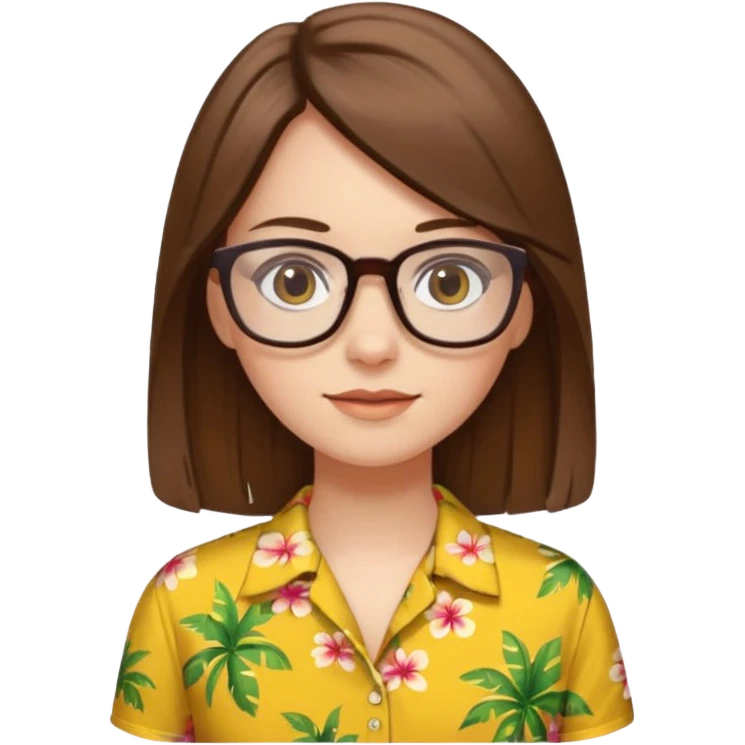 Hawaii female with white skin. Shoulder length straight brown hair. Brown eyes with glasses. Female wearing yellow Hawaiian print shirt. emoji