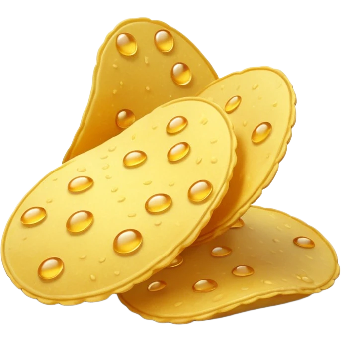 3 golden potato chips, curved, overlapping, crispy edges, light texture, warm yellow-gold, tiny bubbles or flecks, 3D, minimal, soft shadows, no packaging, no bowl, no branding, no anthropomorphic features, transparent background, emoji scale emoji