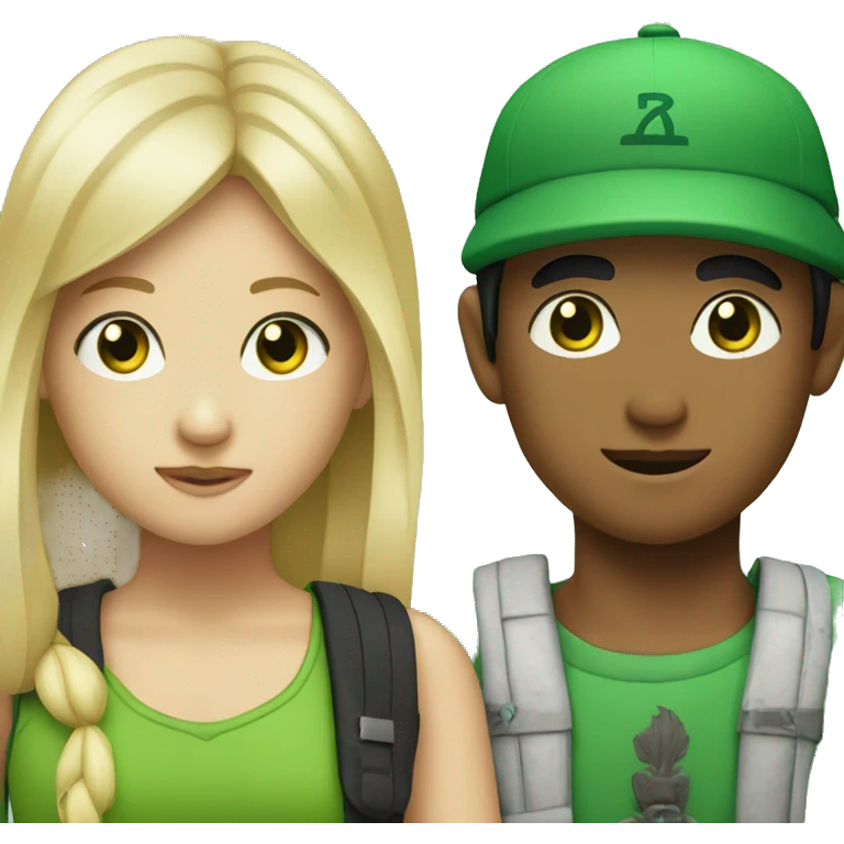 blonde boy with green eyes wearing green cap written bali on it with Asian girl with long straight black hair  emoji