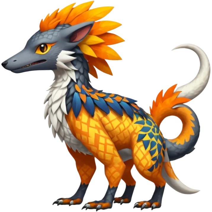 Colorful Fruity Warm-colored Tropical Tribal Shamanic Exotic Vernid-Sergal-Trico-Silvally-Nargacuga-fusion-hybrid-animal-creature, full body emoji