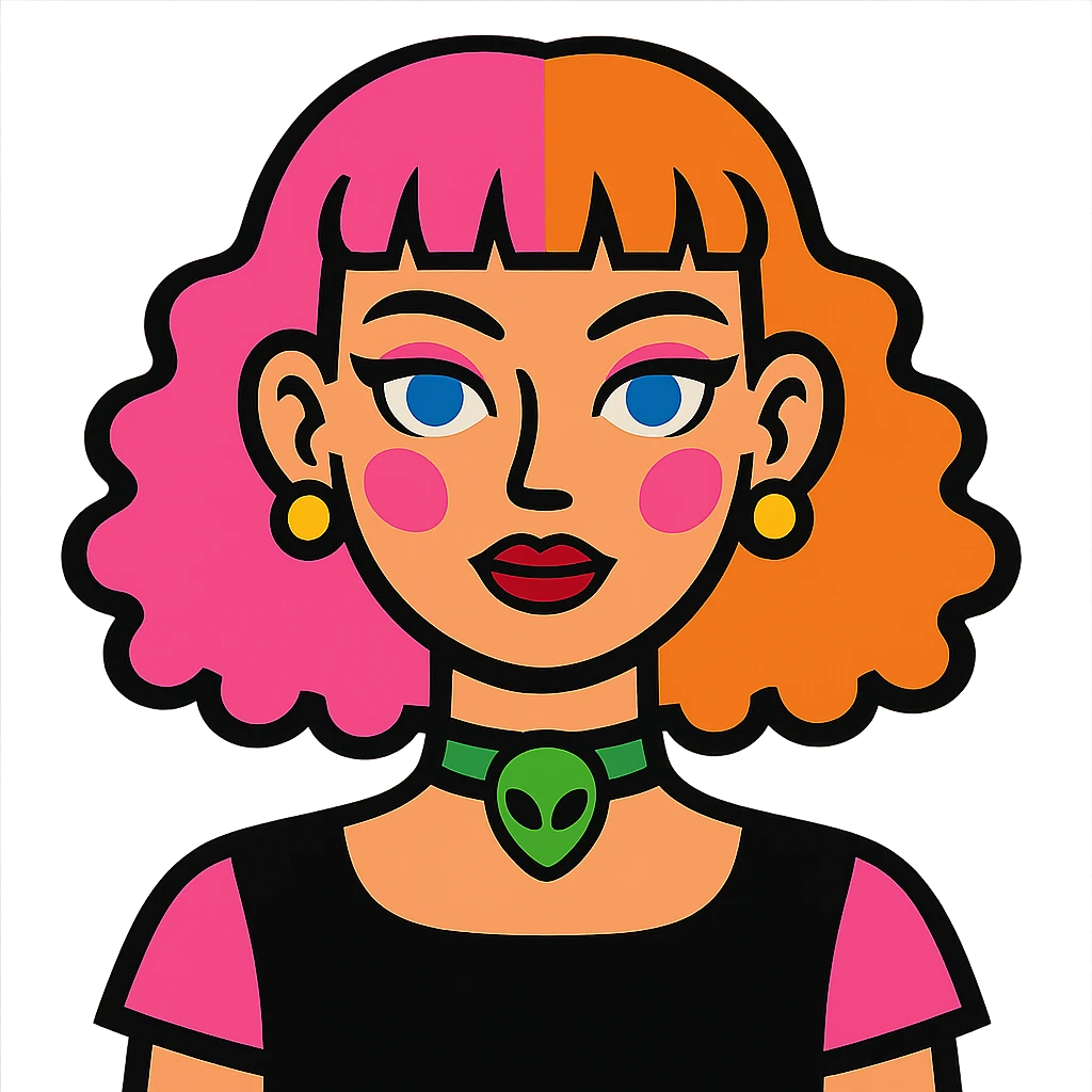 girl with blue eyes, pink makeup, narrow eyebrows, earrings, green alien head choker, black and pink blouse, curly hair to shoulders, hair half hot pink and half ginger, short straight baby bangs emoji