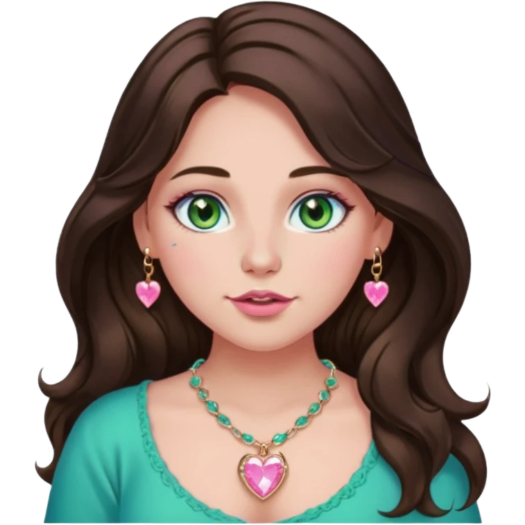 Girl girl long wavy dark brown hair with middle part, green/blue/gold eyes, plus size, pink girly top, right nostril rose gold nose ring, pink heart crystal necklace  emoji