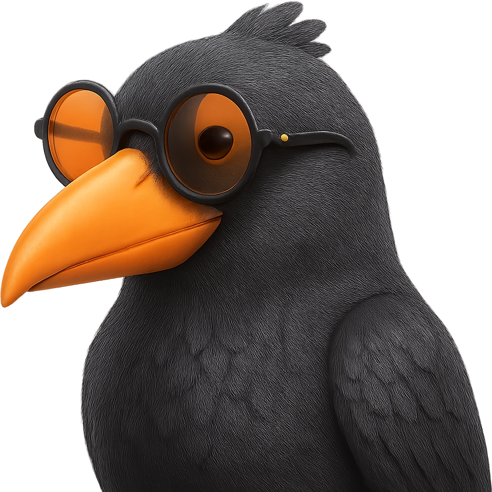 Make the bird slightly more realistic than the original, but still cartoonish. Keep the same pose, orange beak, and round sunglasses. Add subtle feather texture and gentle shading, but not hyper-realistic. Bird looking to the left. No background. The style should maintain the cartoonish look of the original bird. emoji