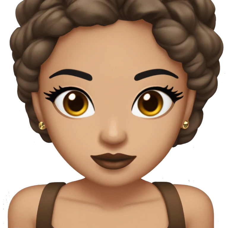 Maddy Perez has warm brown eyes with bold black eyeliner, dark brows, full nude-to-berry lips, bronzed skin, and sharp cheekbones. Her sleek dark brown hair is styled with waves or ponytails, often with rhinestones.

 emoji