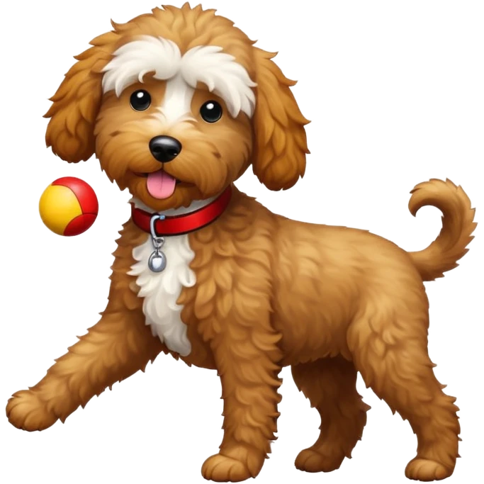 Labradoodle with black collar catching a red and yellow ball emoji