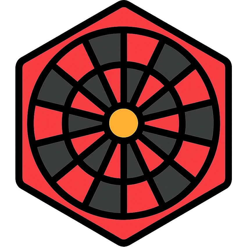 small 128x128 hexagonal dart board icon, red and black color scheme, clear geometric pattern, simple and bold, no text emoji