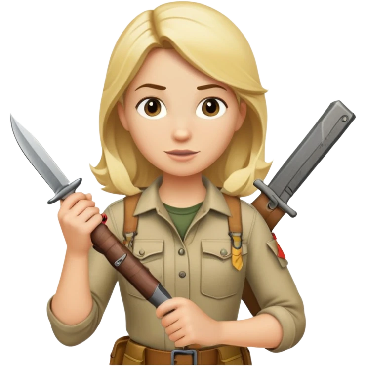 Blonde female wilderness explorer Melissa Backwoods holding a survival knife emoji