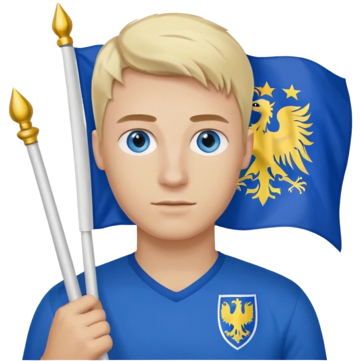 Create a man with bosnia flagg in his hand with blue eyes blond here emoji