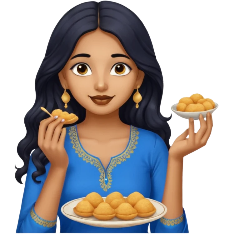 a pretty tan indian bratz girl with wavy long BLACK hair. eyeliner on, wearing a blue kurti, eating golgappa. NO SPOON emoji