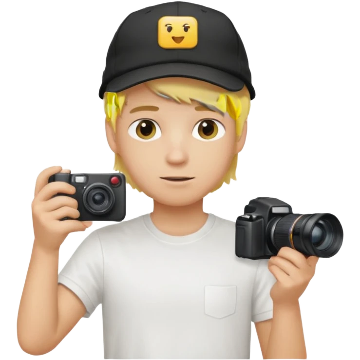 Young male, holding camera, white t-shirt, cap, blond hair emoji