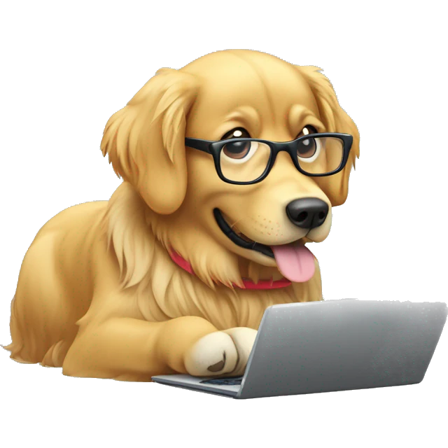 Golden retriever with reading glasses typing on computer emoji