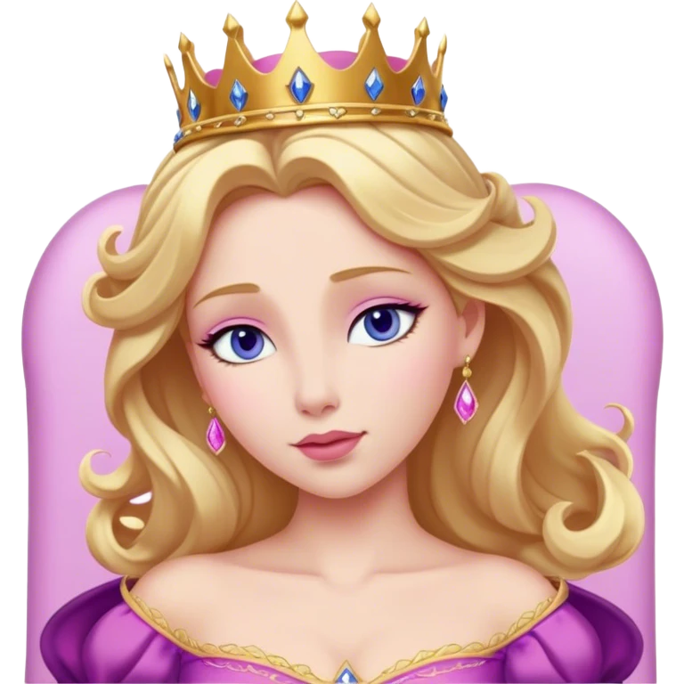 Cinematic Realistic Sleeping Beauty (Aurora) Portrait, with porcelain-like skin featuring a natural rosy flush, illuminated by soft lighting that highlights the gentle contours of her face. Her golden blonde hair flows in soft, detailed waves with subtle highlights that shimmer in the light. Her deep violet-blue eyes radiate warmth and innocence, framed by arched brows and long lashes. Her serene expression exudes quiet elegance. She is dressed in her classic pink gown, the fabric rich in texture with delicate folds that catch the light. A golden crown rests atop her head, gleaming with royal refinement. The portrait captures a soft, glowing aura, blending realism with an ethereal sense of beauty and timeless enchantment. emoji