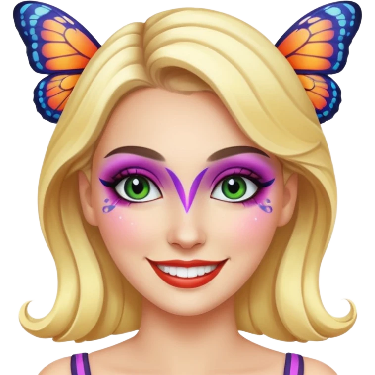 white woman with bright butterfly makeup emoji