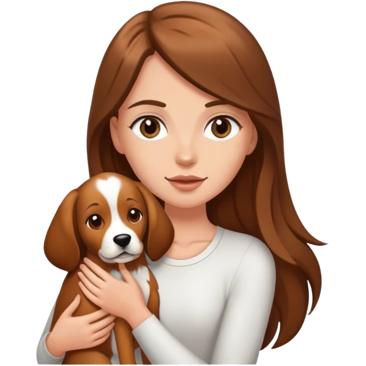 White girl with long brow hair holding big tan dog emoji