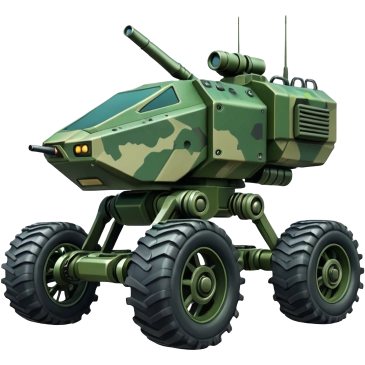 a 4-wheel armored camouflage army massive mech trail vehicle shooting forward side-hill leaning actively independent suspended pod gimbal enemy mech off-road racing rover with large fast engine  emoji