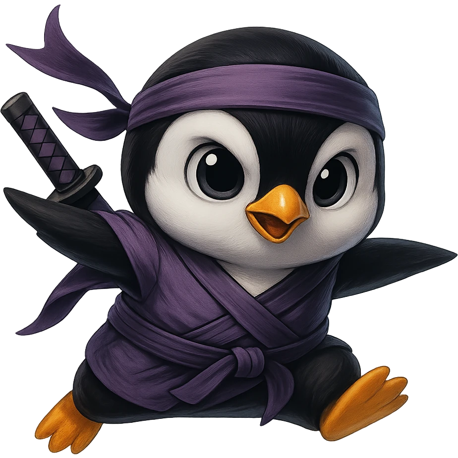 Edit the reference image of a penguin dressed like a ninja. Create variations in different colors. The penguin should not stand stiff like a mascot but be posed in a specific dynamic ninja-like action. Make the face cuter and ensure it resembles the reference image. Remove the background entirely. The image should be at least 1024x1024 pixels in size. emoji