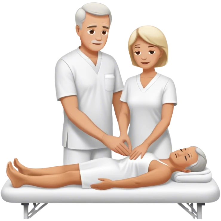 60-year-old white man dressed in white tunic giving massage to a 60-year-old white woman emoji