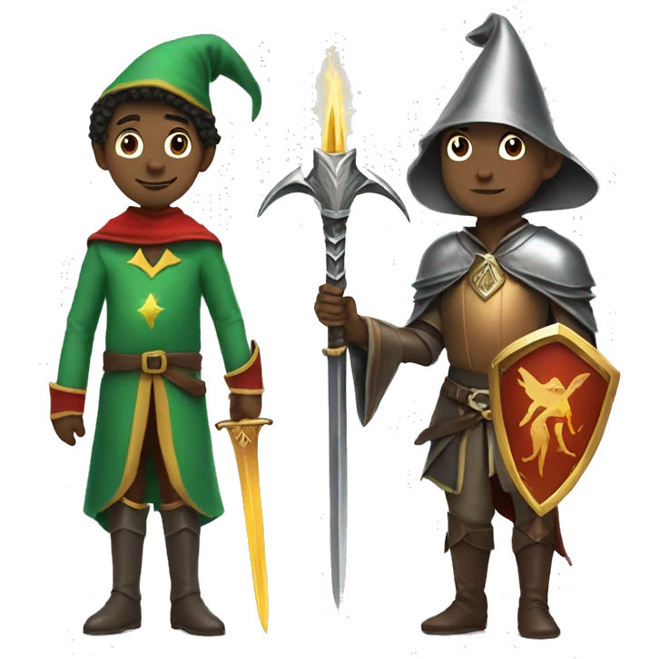 friends dressed as a wizard, an elf and a knight with a sword and shield emoji
