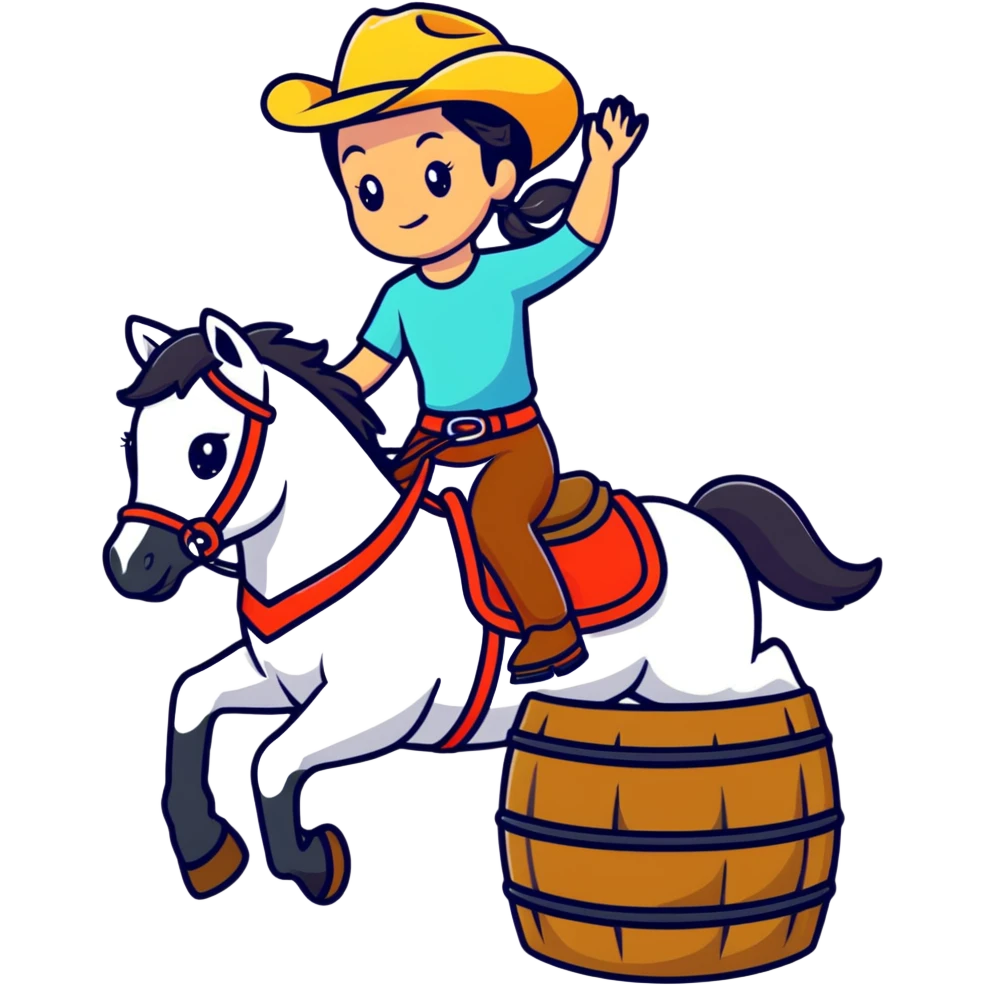girl barrel racing on a horse, cartoonish sticker style emoji