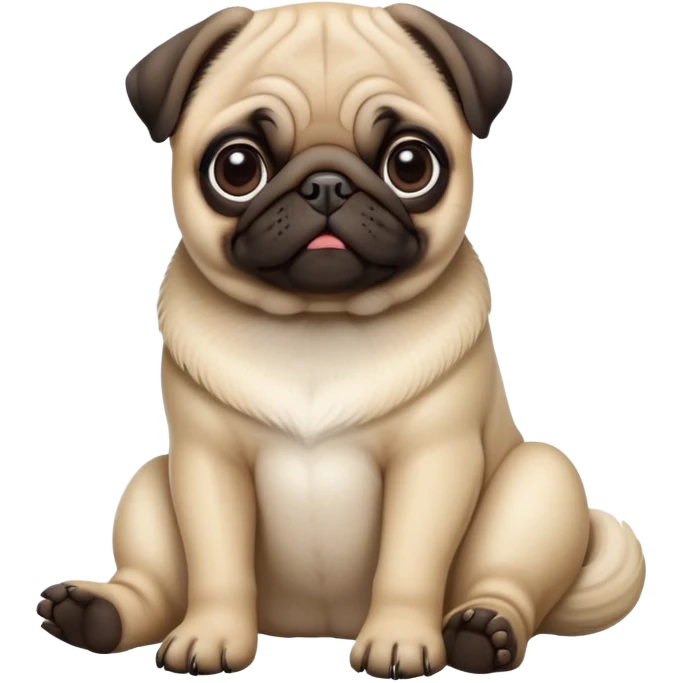 detailed-[cute pug]-realistic-full-body-sitting-emoji,-tail-resting-loosely-beside-its-paws,-head-tilted-dramatically, -sleek-fur,-simplified-yet-realistic-focused-features,-highly-detailed,-glowing-with-an-almost-sarcastic-glow emoji