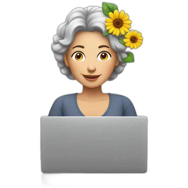 Middle aged woman with flowers in hair sitting with grey laptop emoji